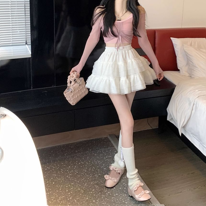 Guromo - Balletcore elastische taille effen gelaagde mesh mini A-lijn rok