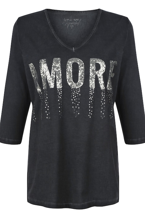 T-Shirt, AMORE Pailletten, V-Ausschnitt, 3/4-Ärmel