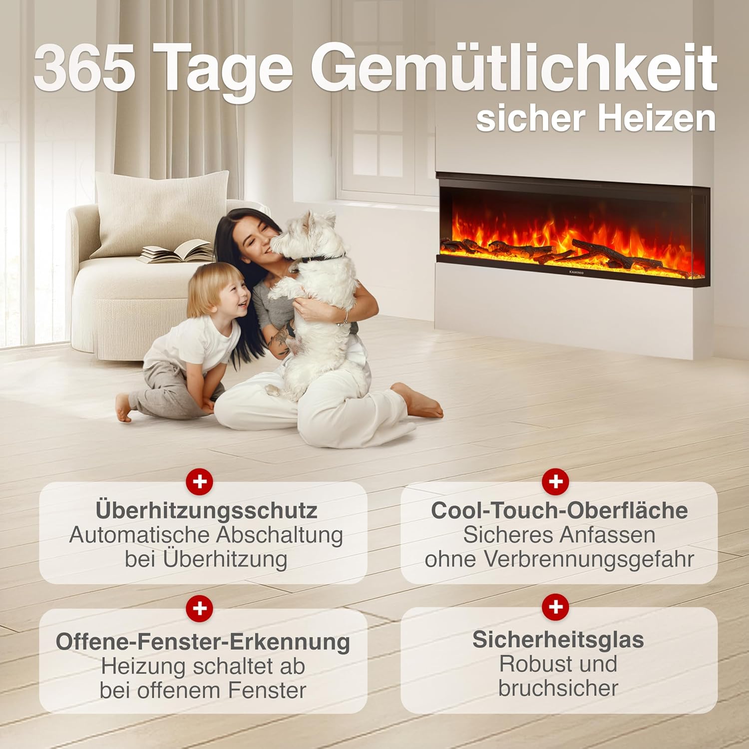 Elektrokamin LEA - Elektrischer 3-in-1 Kamin mit Panoramaview, Heizung, 3D-Flammeneffekt, 12 Flammenfarben, Fernbedienung (60 Zoll)