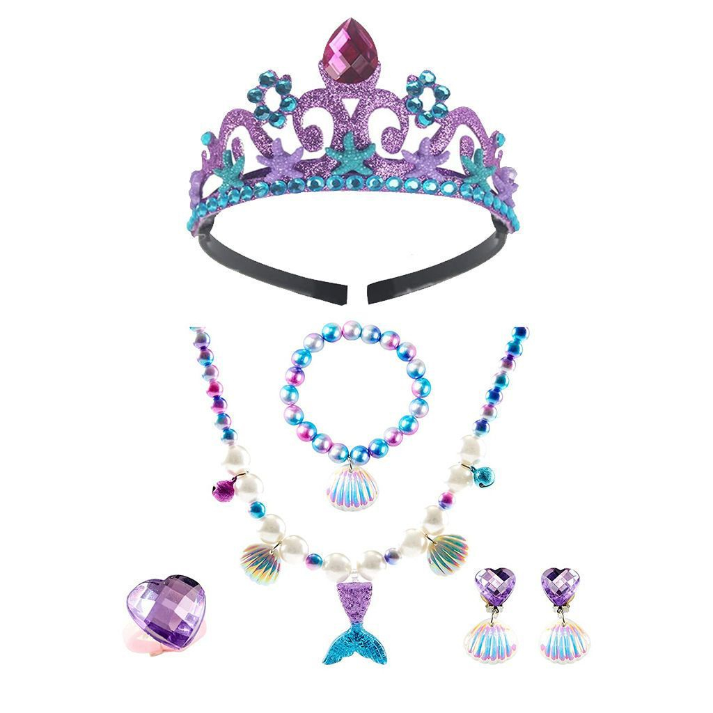 (7-tlg. Set) Fasnachts Kinder Kostüm Meerjungfrau Prinzessinnen Verkleidung für Motto Partys mit XXL Schleife / Krone / Schmuck - Lila / Blau