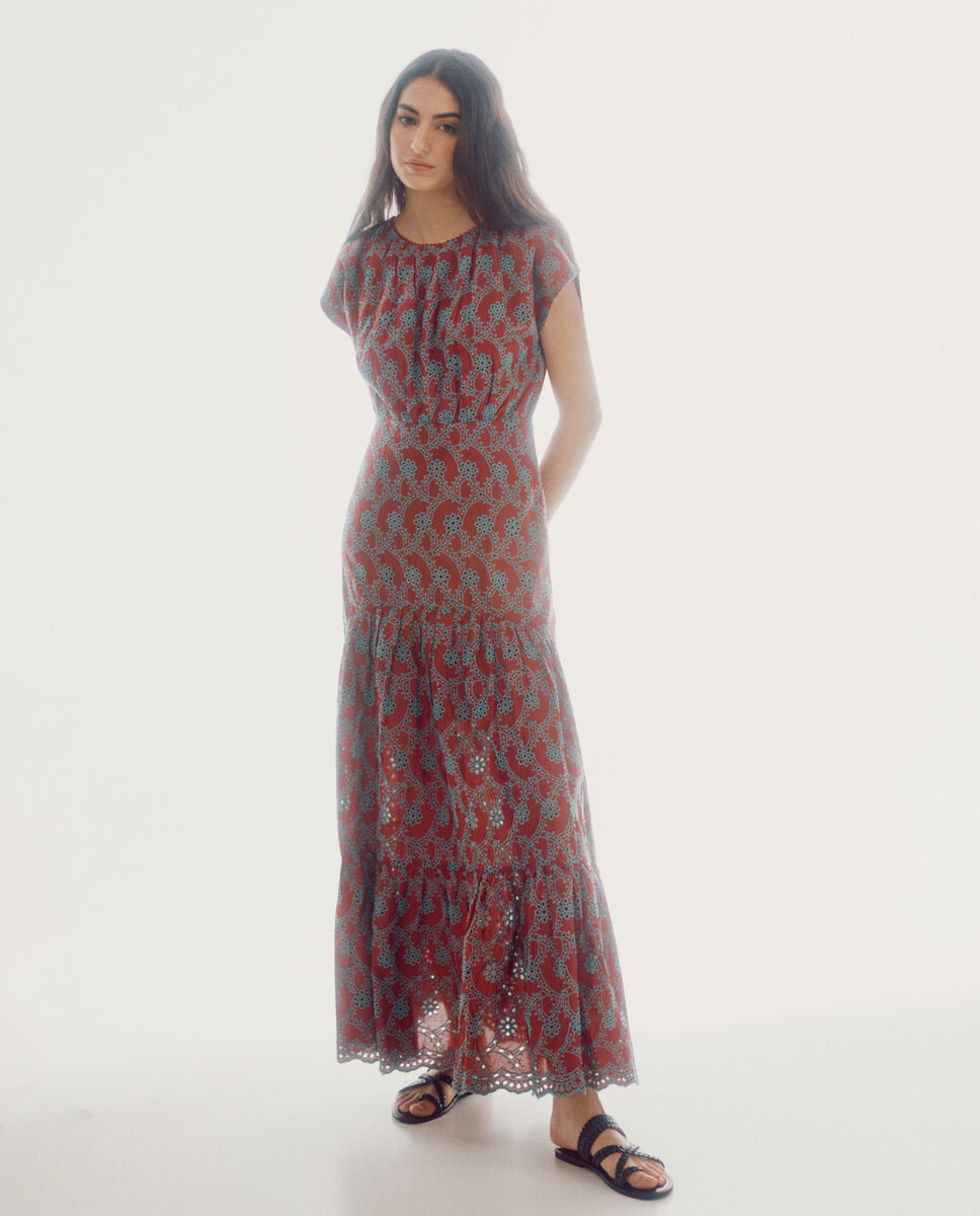 Vestido bordado e perfurado - Multicolorido