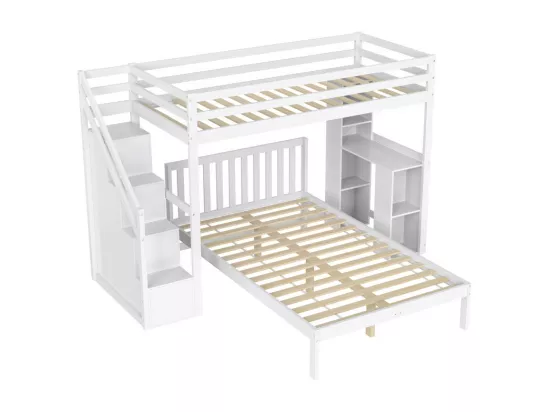 Lit superposé 90x200 cm + 120x200 cm - avec escalier de rangement et étagères de rangement - Pin et MDF - Blanc
