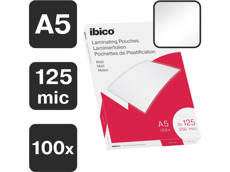 Ibico Laminierfolie Premium A5 125 µm, matt, 100 Stück Matte Premium Heisslaminierfolien, entspiegelt