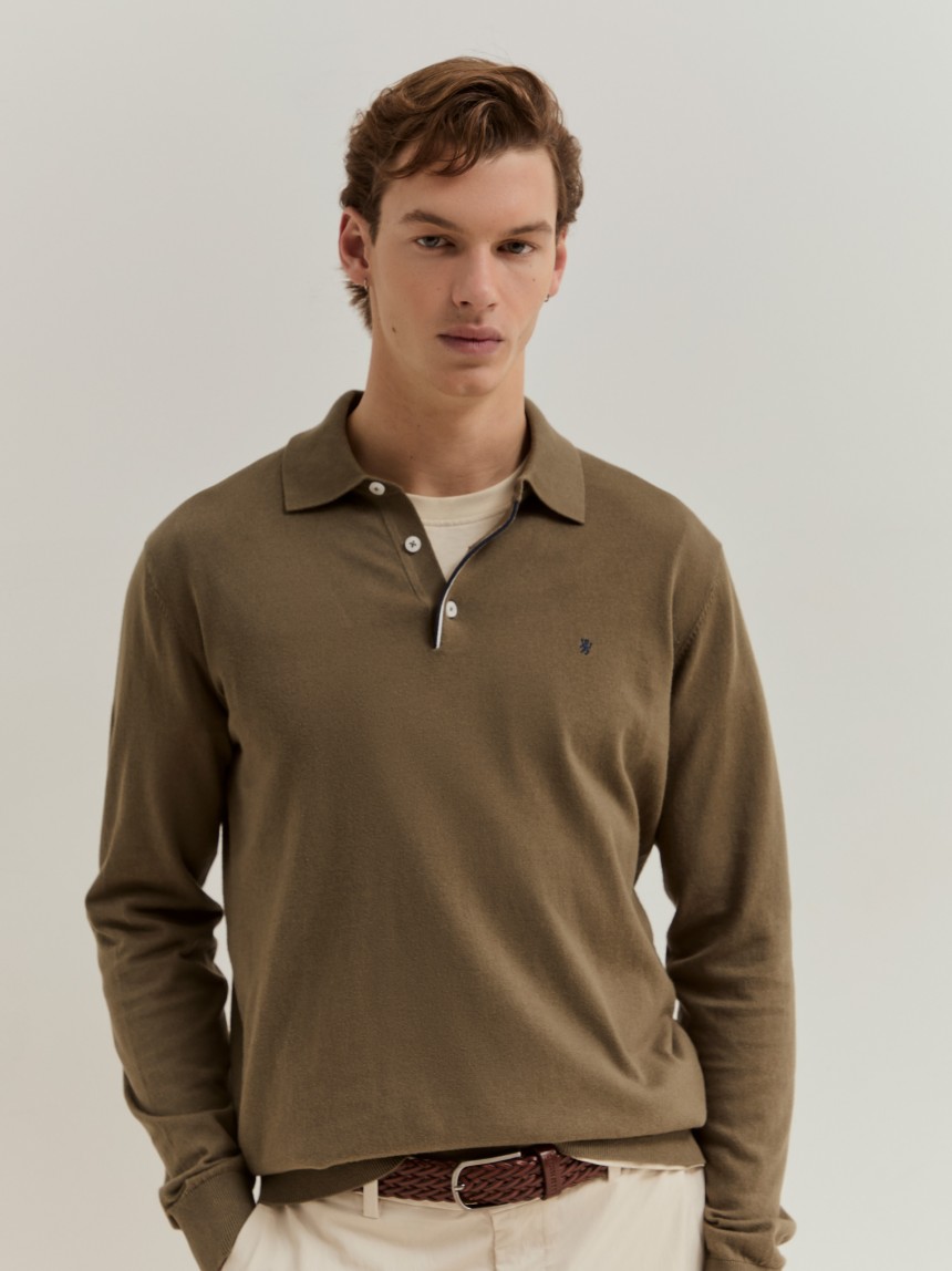 Polo de manga comprida em algodão e caxemira