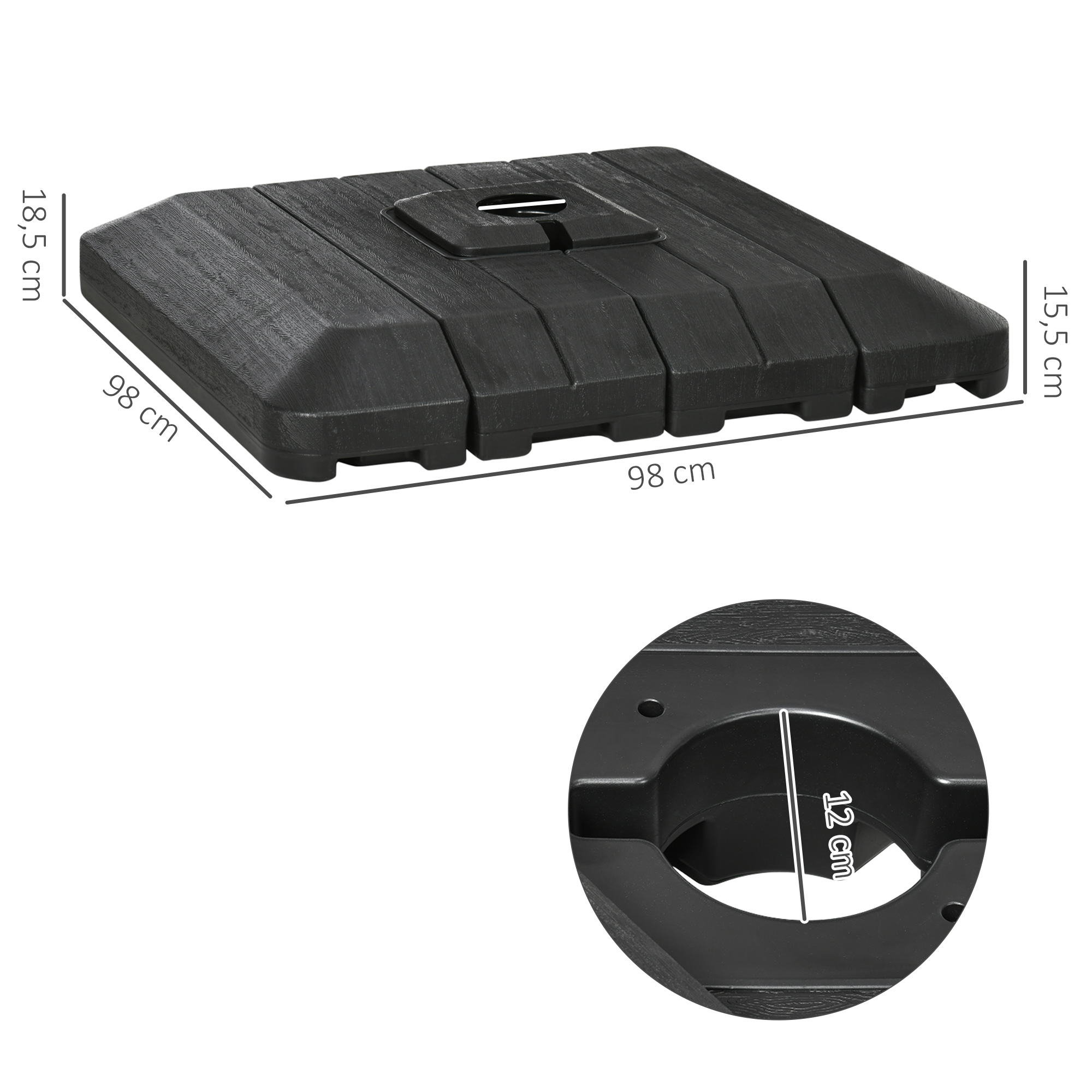 Conjunto de 4 pesos para base de guarda-sol de braço articulado Outsunny, para pátio, com capacidade para 100 kg de água ou 135 kg de areia, para base em cruz, 98 x 98 x 18,5 cm, preto.