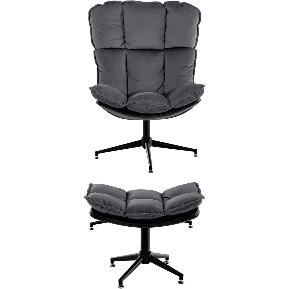 Pilou - Fauteuil met hocker in fluweel in antraciet