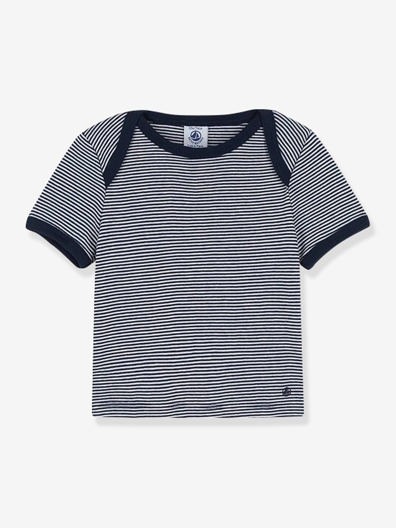 Camiseta listrada de manga curta para bebê PETIT BATEAU em algodão orgânico, listras azul-médio