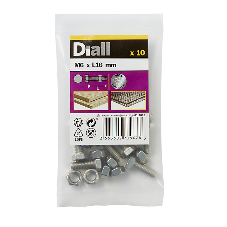 10 boulons tête héxagonale inox 6 x 16 mm