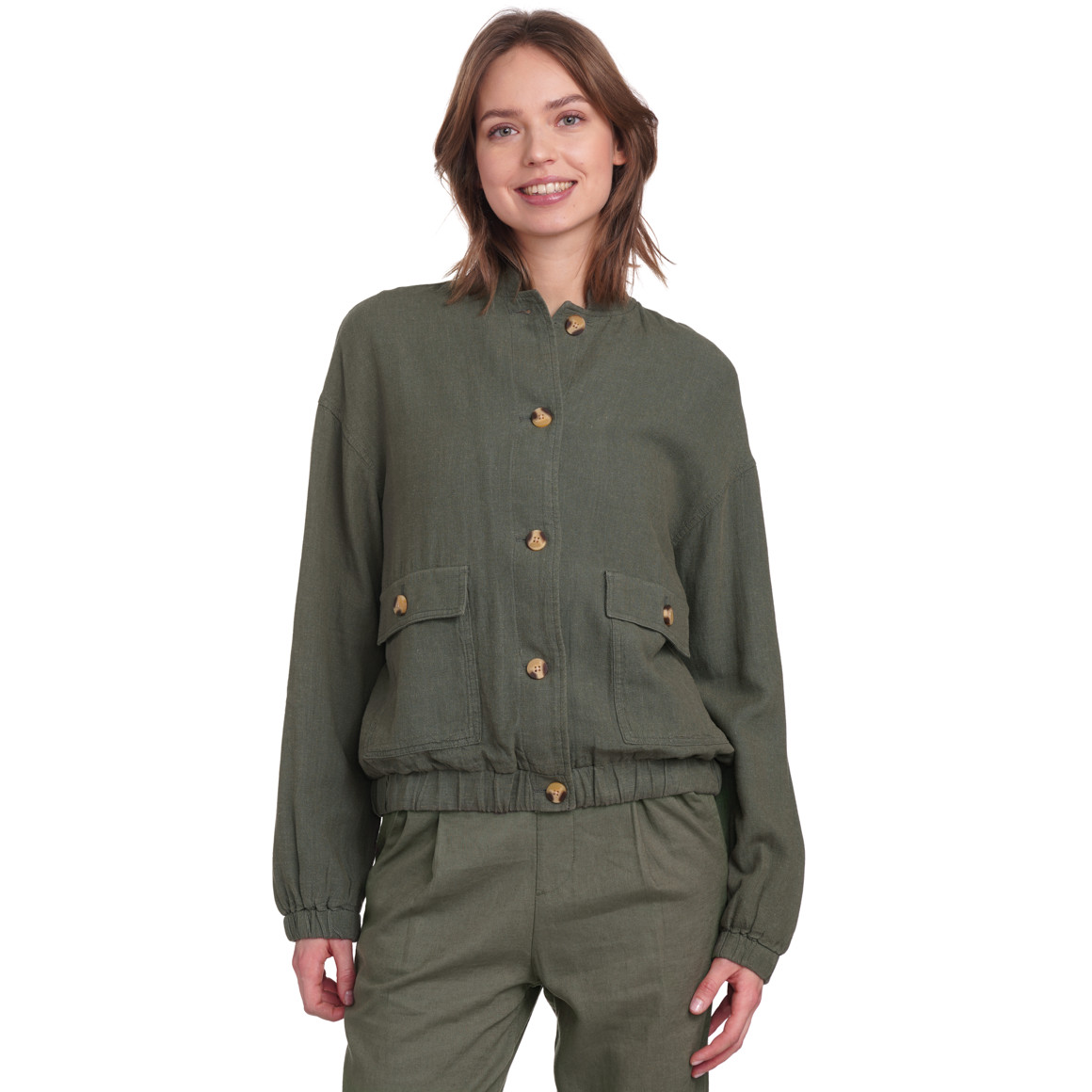 Gina Collection Damen Leinen-Blouson in Unifarben oliv