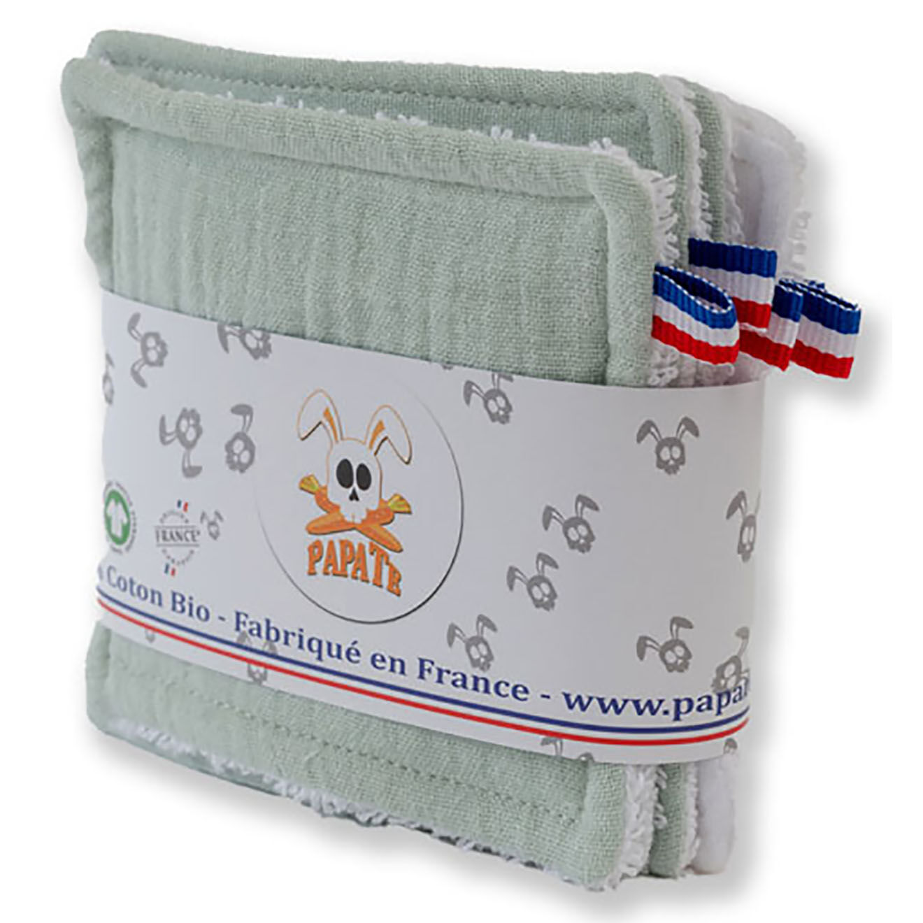 Papate Lingettes lavables en Coton Bio blanc/vert - 10x10 cm