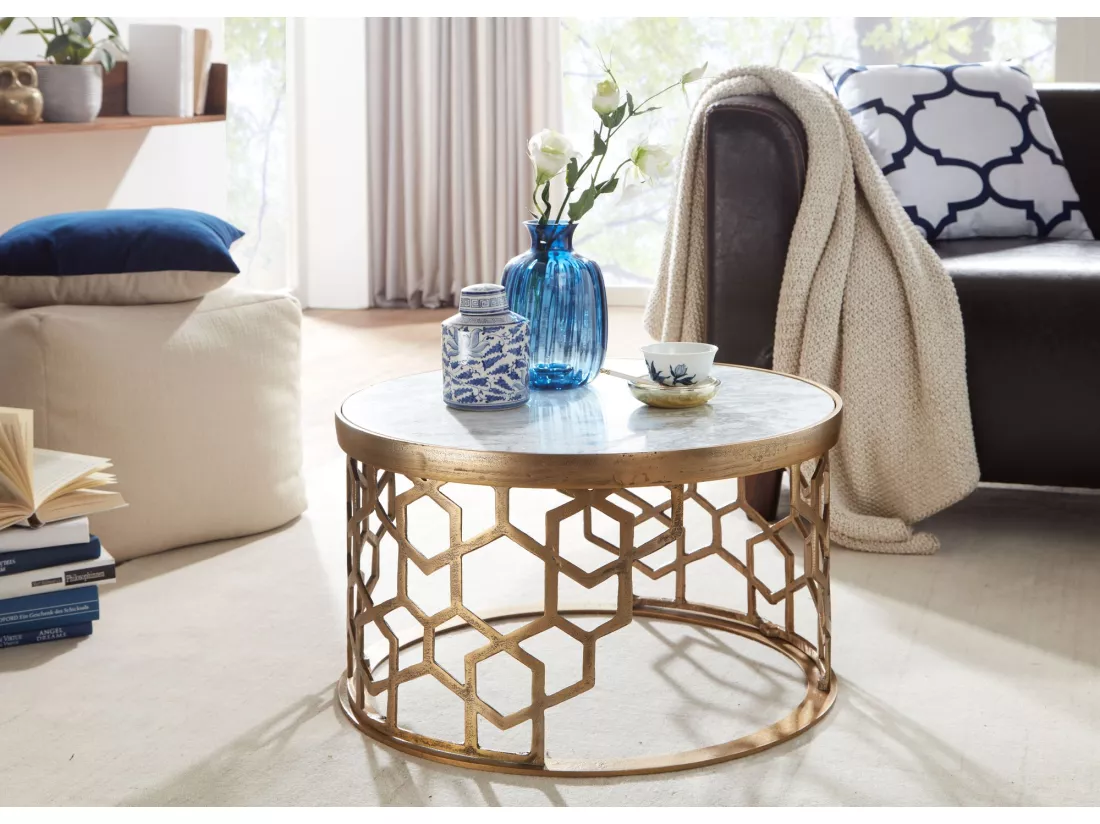 Table Basse de Salon Marbre Véritable et Métal 60x60x36 cm Ronde Or | Petite Table de Canapé Blanc | Design Table d'appoint Style Moderne