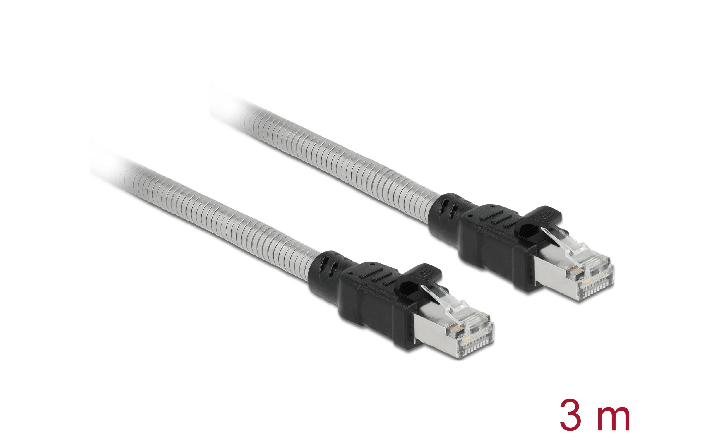 Patchkabel mit Metallmantel Cat 6A, U/FTP, 3 m, SilberDelock RJ45 Kabel Cat.6A U/FTP mit Metallmantel 3 m