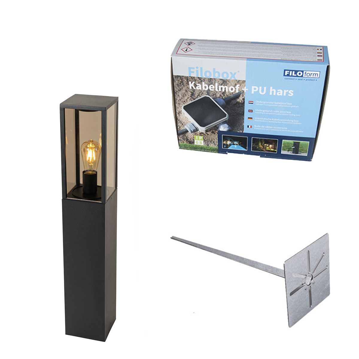Buitenlamp zwart met smoke glas met grondpin en kabelmof 80cm IP44 - Charlois
