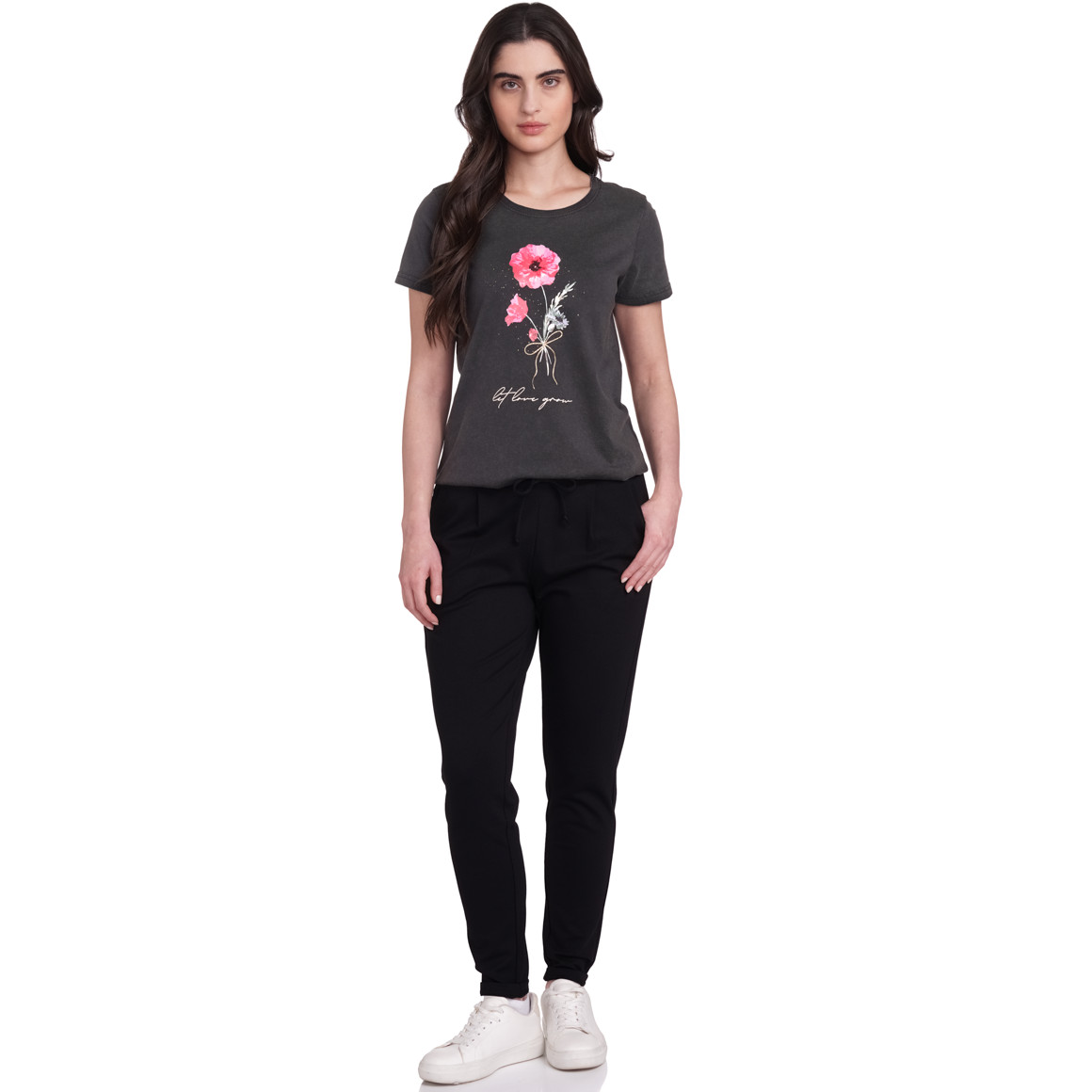 Gina Damen T-Shirt mit Blumen-Print dunkelgrau