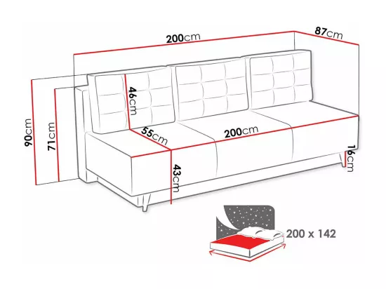 Canapé convertible Columbus 140, Boîte de literie, 90x200x87cm