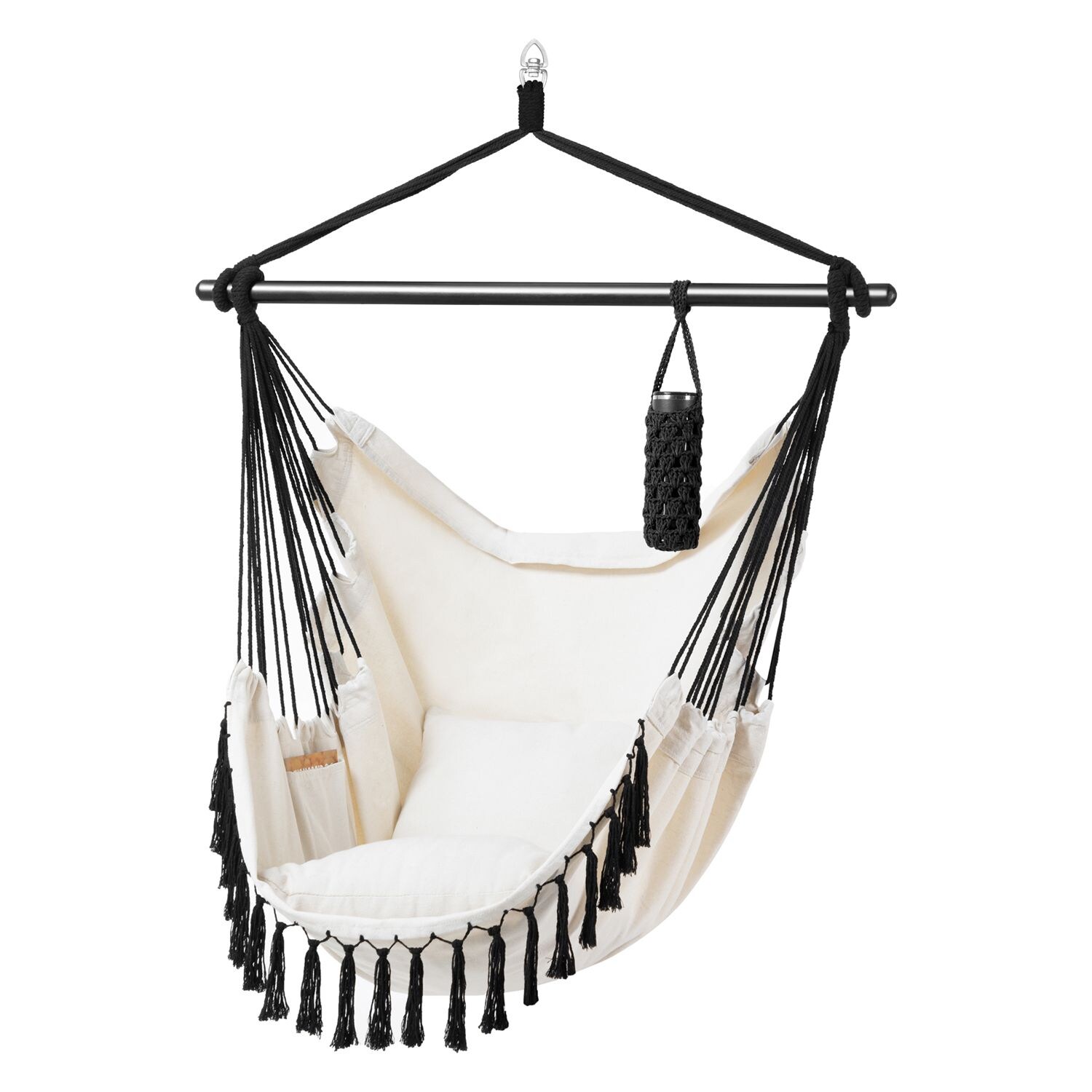 Juskys Hängesessel Miami mit Kissen, Stange & Tasche - Makramee Hängeschaukel bis 150 kg - Beige