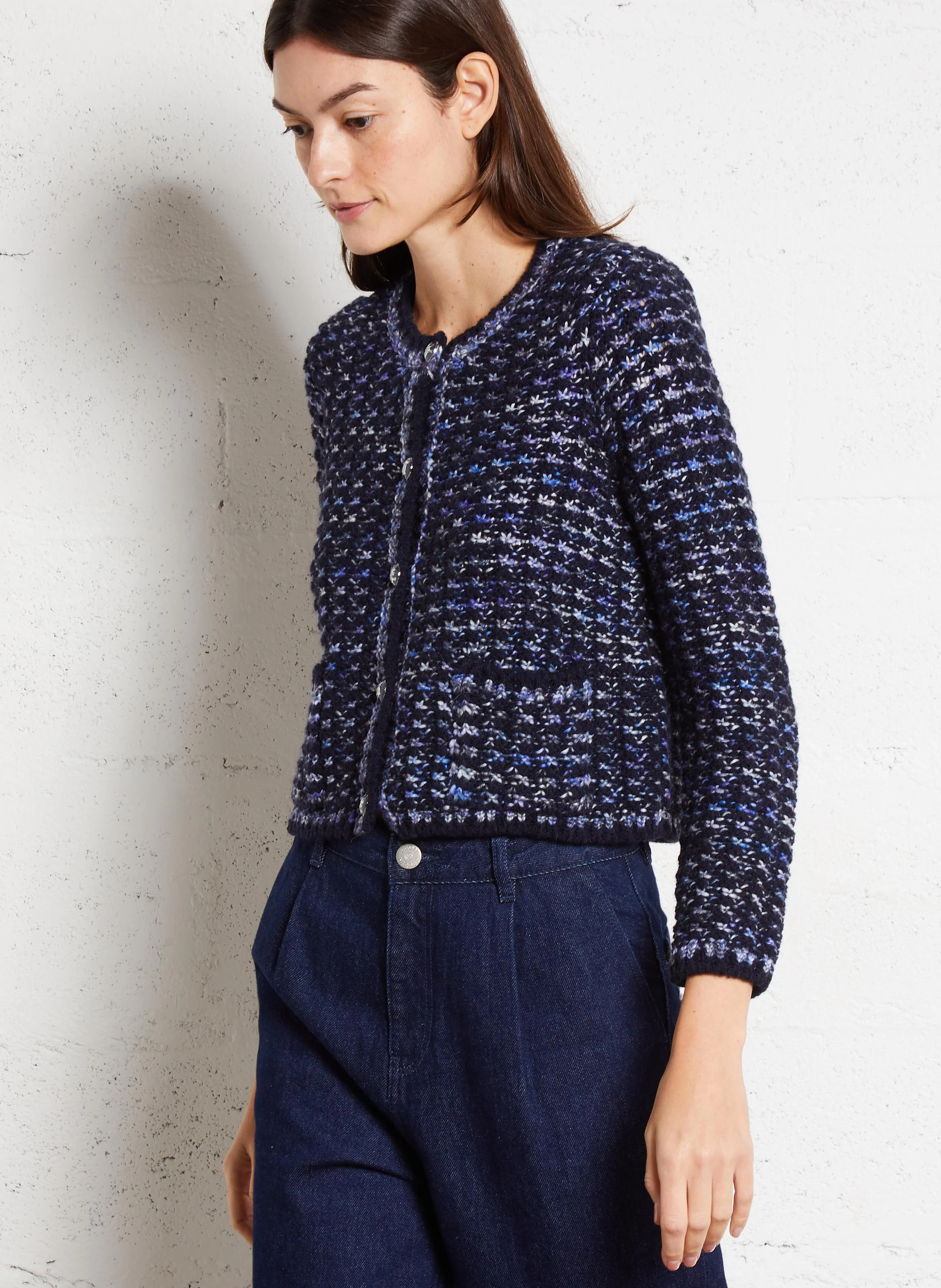 BELONI - Cardigan droit col rond en laine mélangée | Bleu