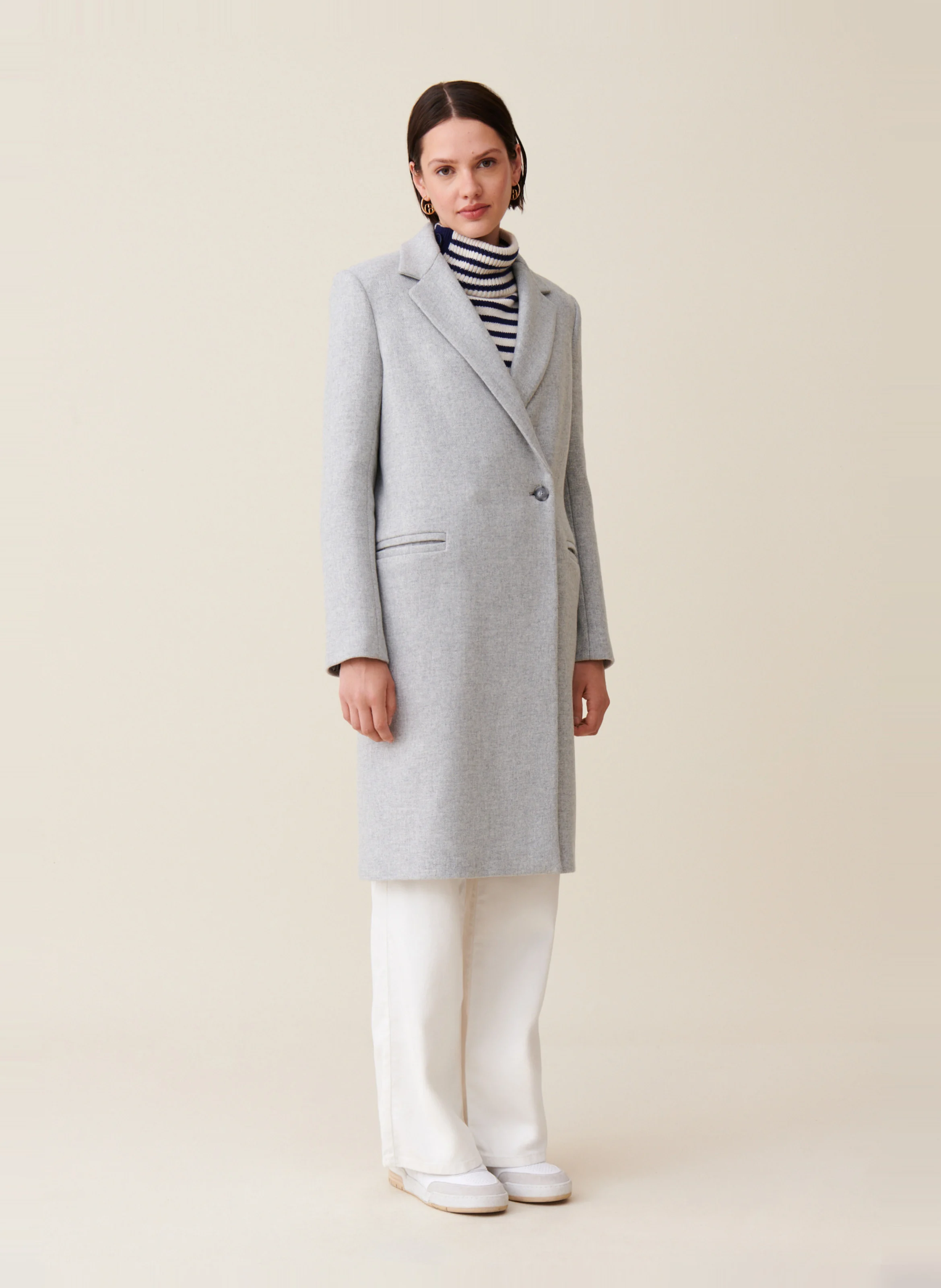 Manteau droit col tailleur en laine mélangée | Gris