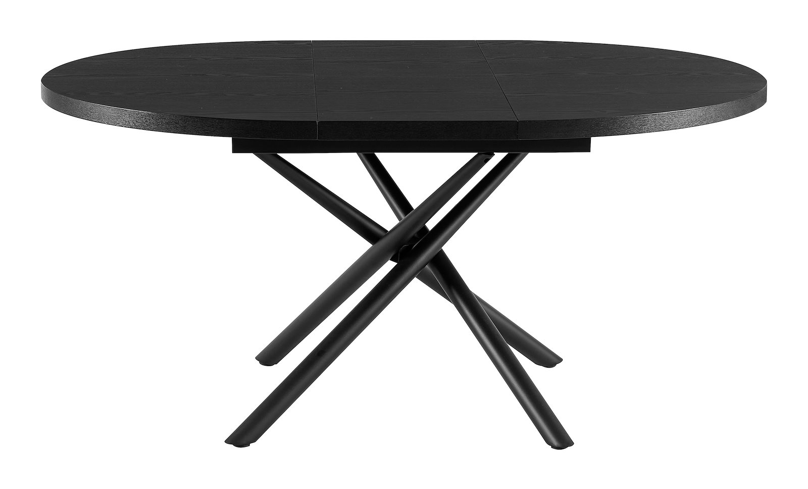 Malin rundt spisebord Ø120 cm. Sortbeiset eik finer plate med sortlakkerte stålben. Innebygd tilleggsplate.