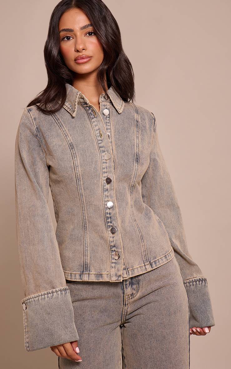 Bleu Chemise En Jean Ajustée À Manches Longues Effet Délavé Vintage Petite