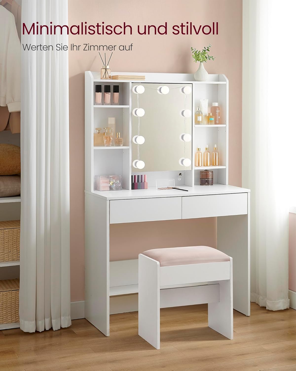 VASAGLE Schminktisch mit Beleuchtung, einstellbare Helligkeit, Frisiertisch mit Spiegel, Kosmetiktisch mit verstellbaren Ablagen, 2 Schubladen, modern, wolkenweiß RDT126W01