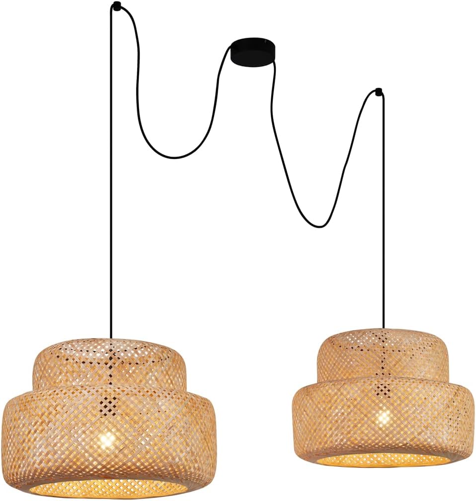 QAZQA - Japandi Japandi-Pendelleuchte I Pendellampe I Hängelampe I Pendellampe I Pendelleuchte I Lampe I Leuchte Schwarz mit Bambus 2-flammig - Kea I Wohnzimmer I Schlafzimmer - Stahl - LED geeignet E