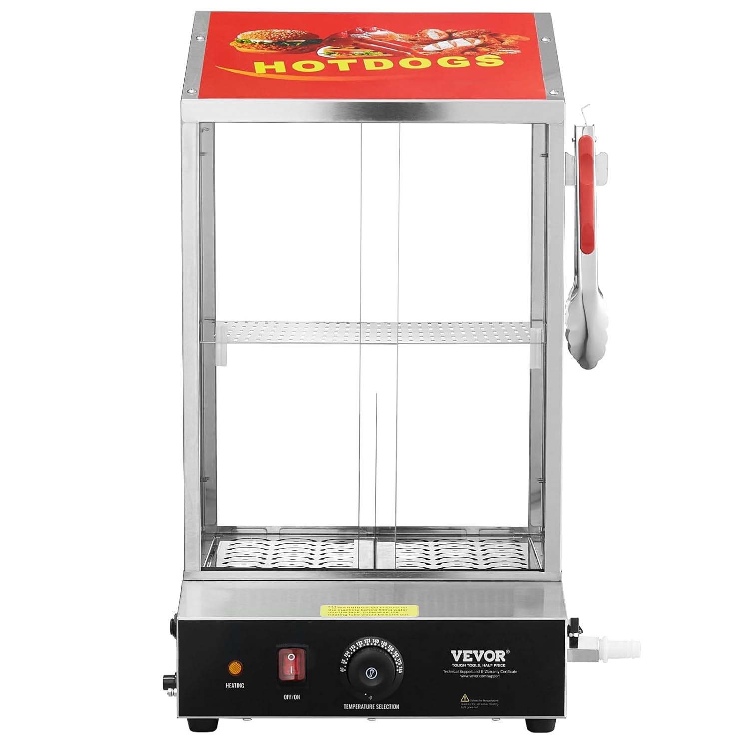VEVOR Hot Dog Dampfgarer, 37L, 2-stufiger Hot Dog Hütten-Dampfgarer, 30℃~85℃ Temperaturregelung, elektrischer Brötchenwärmer mit Schiebetüren aus gehärtetem Glas, Trennplattenzange