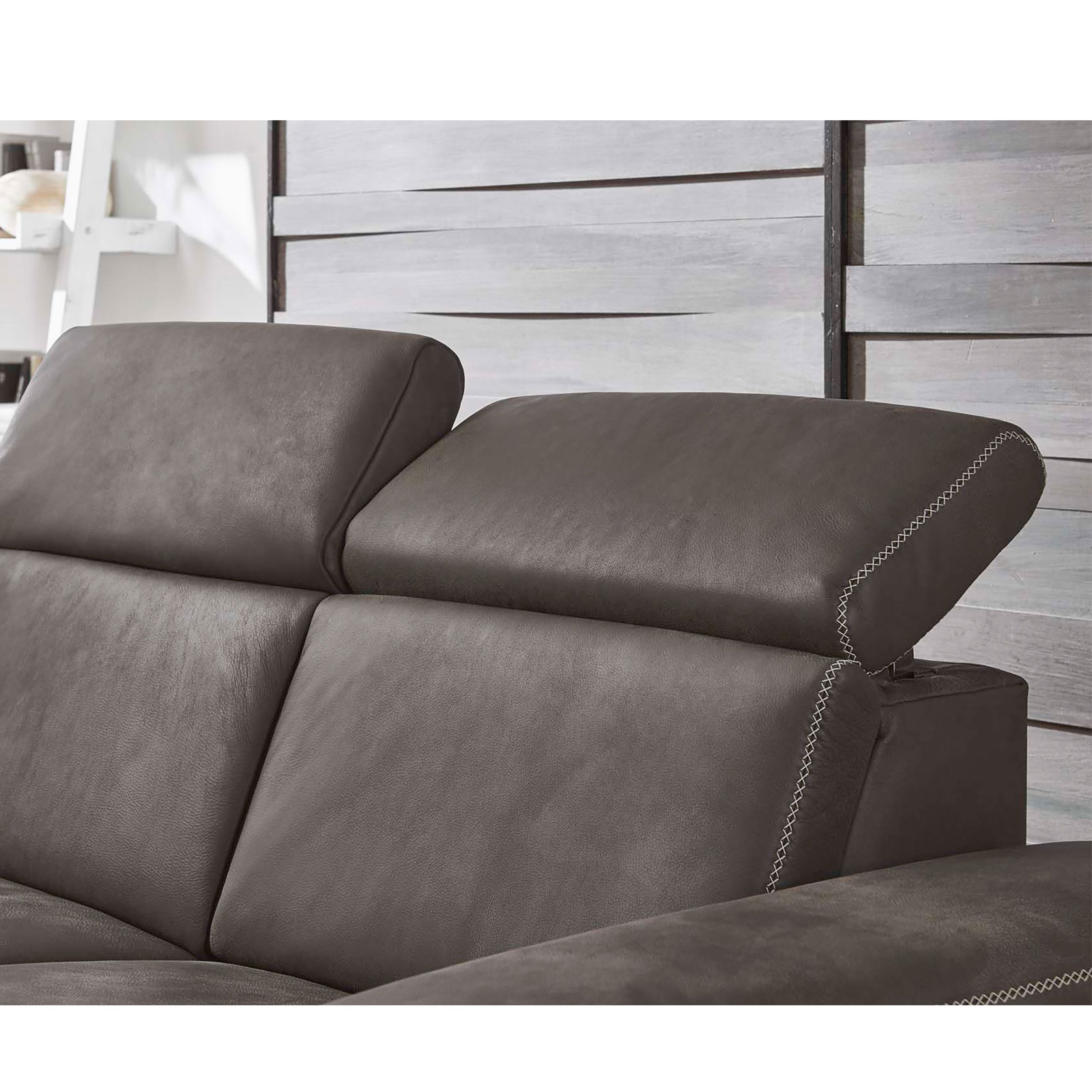 polsterpower 2,5-Recamiere Ledersofa - grau - mit Funktionen - Armlehne rechts