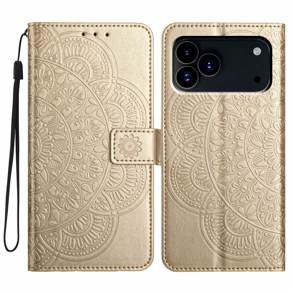 iPhone 17 Pro Max Leder Tasche Wallet - Mandala Flowers Imprint - Gold