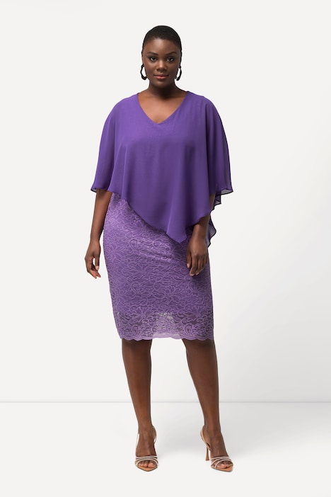 Abendkleid, Chiffon-Cape, Jersey, Spitzensaum, 3/4-Arm