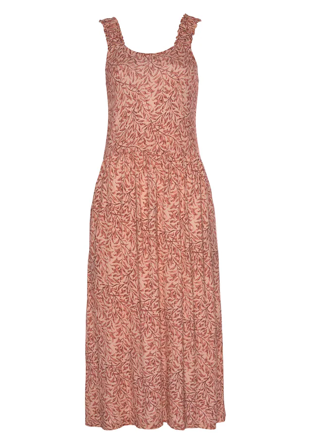 Beachtime Jerseykleid Seitennahttaschen mit Blätterdruck und Taschen, leichtes Strandkleid, Sommerkleid