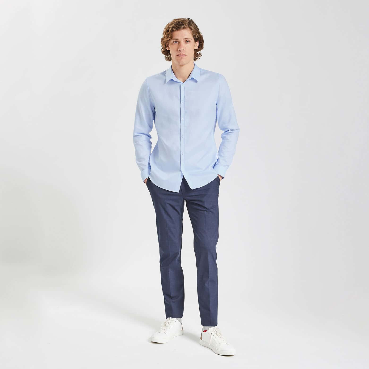 Chemise slim unie stay white/black coton Bleu clair