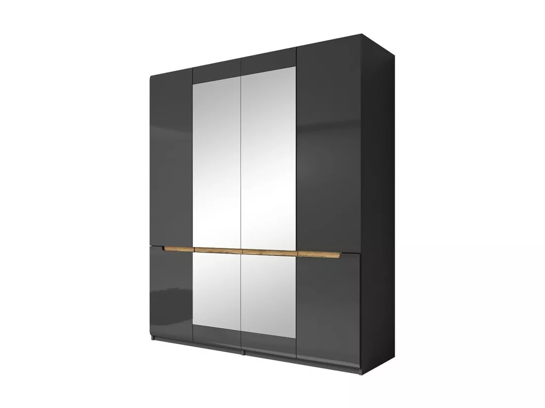 Chambre à coucher LUCIA : Armoire 4 portes + Lit 160x200 + 2 Chevets. Couleur gris et finitions chêne