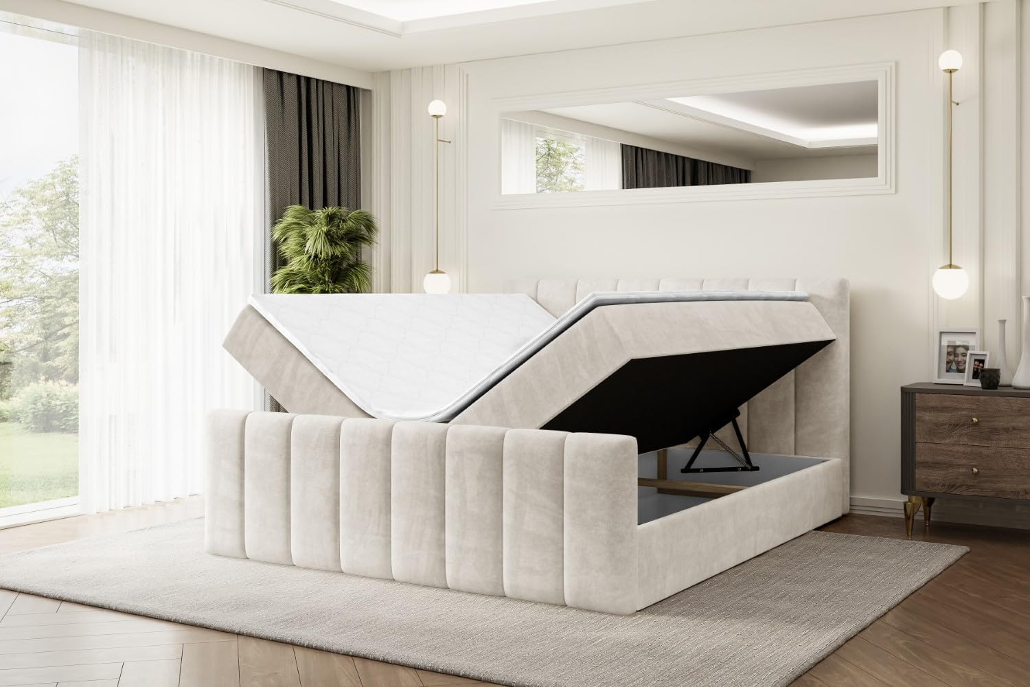ALTDECOR Boxspringbett mit Matratze und Lattenrost, Boxbett, Topper, Fußteil, Polsterbett mit Bettkasten, Bett mit Stauraum H3-Matratze, Doppelbett, Springboxbett - OTTA-Z - 200x200 Beige Samt