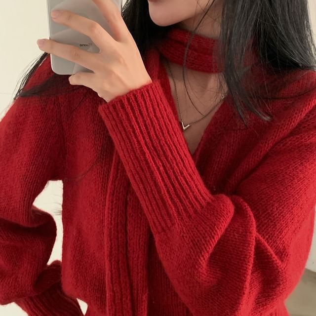 Ukiyo - Set: V-hals vest met knoopjes + sjaal