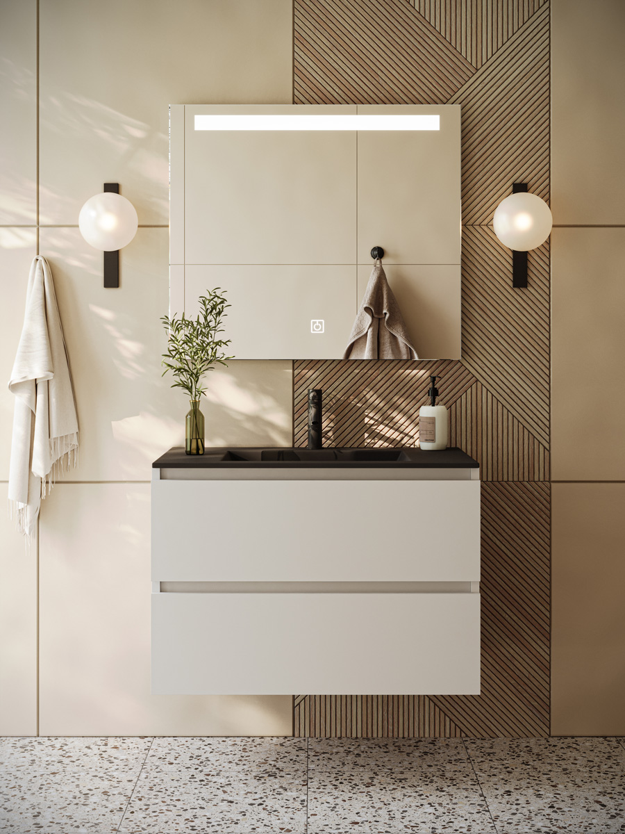 Fontana Rovigo badmeubel 80cm wit mat met zwarte wastafel met kraangat en spiegel met verlichting
