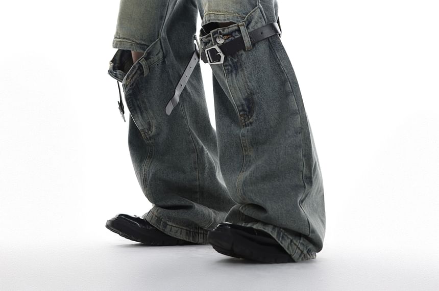 Kooklay - Mid Rise Washed Belted Cutout Wide Leg Jeans