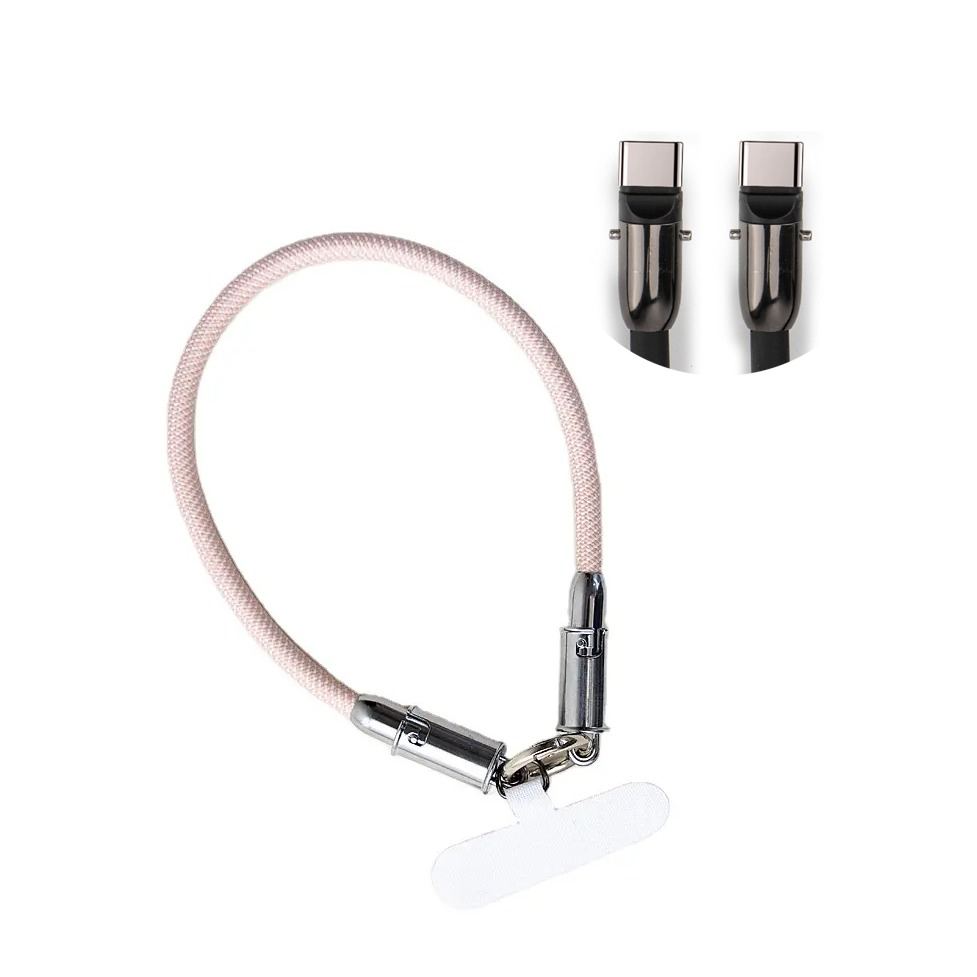 (30cm) 60W 2in1 USB C auf USB C Ladekabel Datenkabel Handy Kette Phone Charms Anhänger Handgelenkschlaufe mit Universal Einlage - Rosa