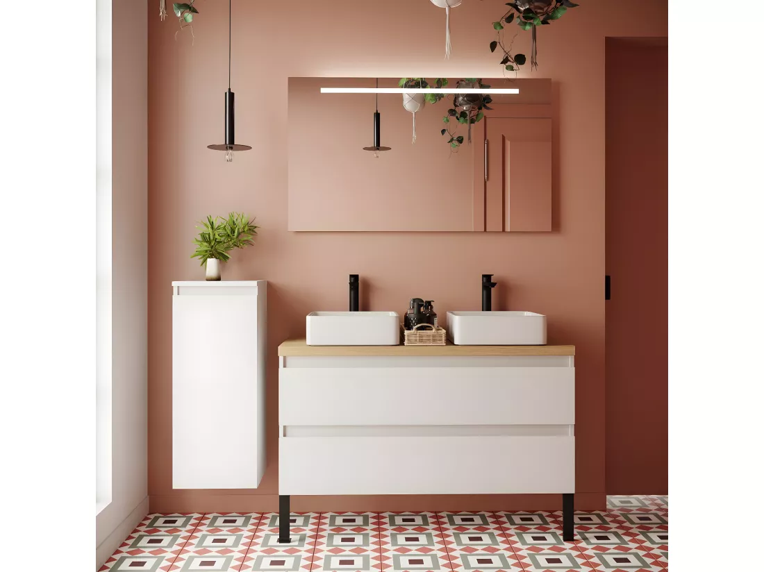 Meuble de salle de bain suspendu 2 vasques à poser 120cm 2 tiroirs Blanc - Hudson