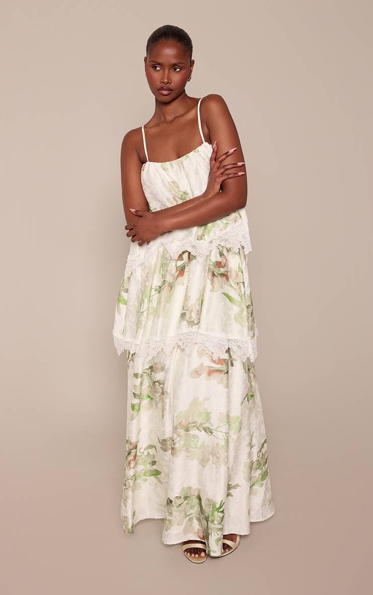 Vert Olive Robe Longue À Bretelles Étagée En Dentelle Imprimée