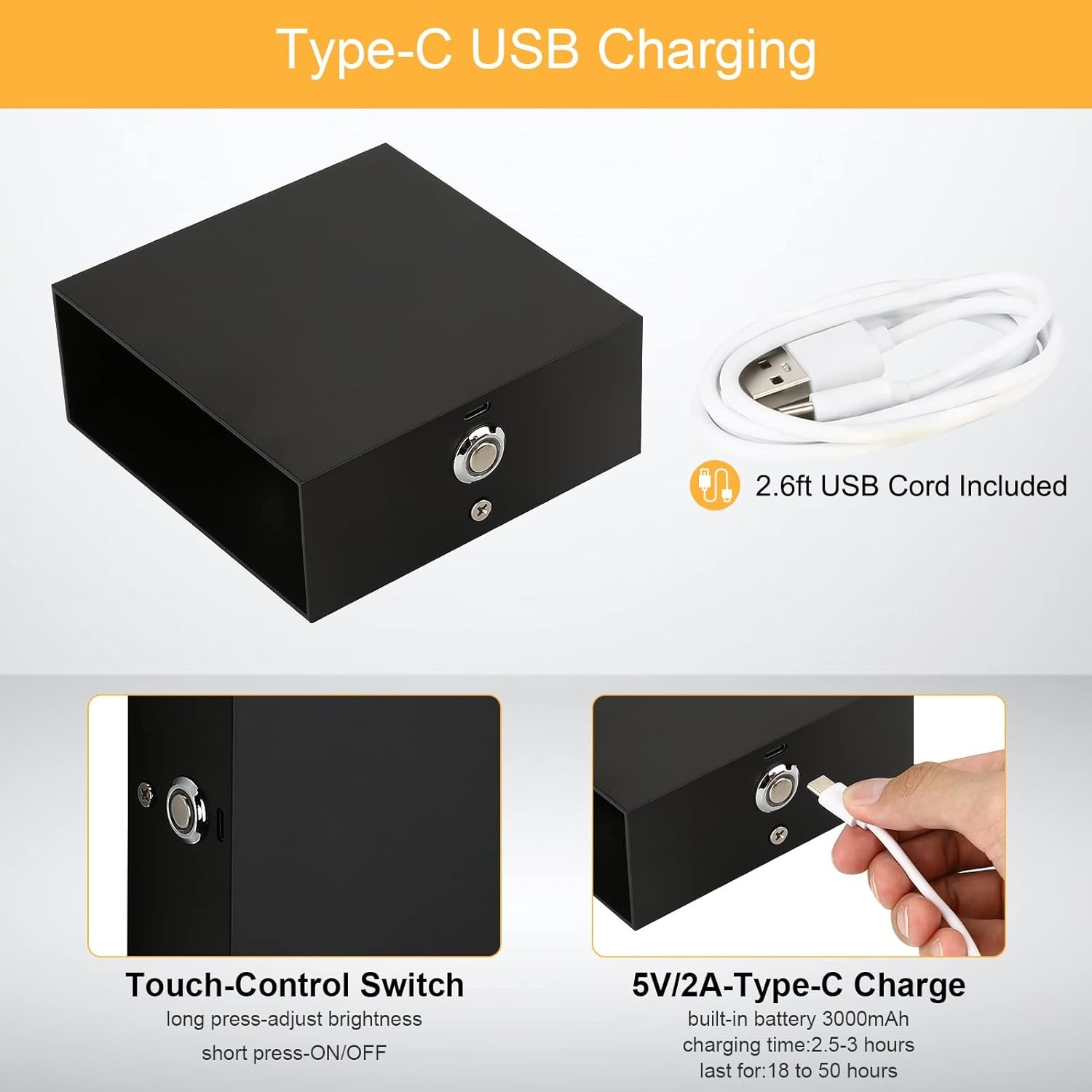 (12x12cm) 2 LED's Touch Lampe Wandleuchte Magnetische USB Home Deko Beleuchtung mit Dämmerungssensor - Schwarz