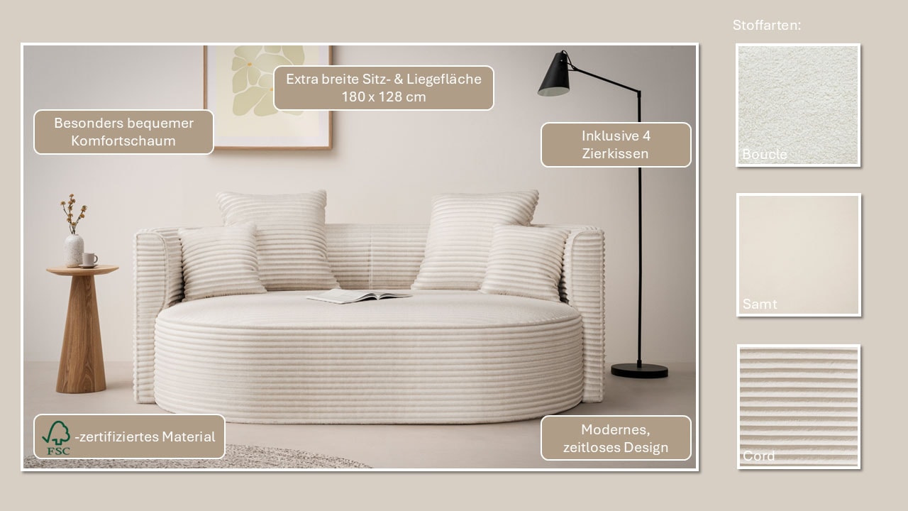 LeGer Home by Lena Gercke 2,5-Sitzer »ISALIE, rundes Loungesofa, mit Kissen, perfekt gepolstert« moderne Stoffe, mit 4 Zierkissen, extra grosse Sitzfläche