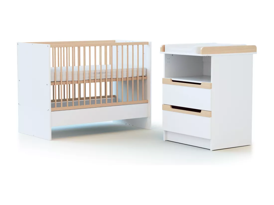Combiné lit bébé évolutif en bois CARROUSEL Blanc et Hêtre Verni 60 x 120 cm