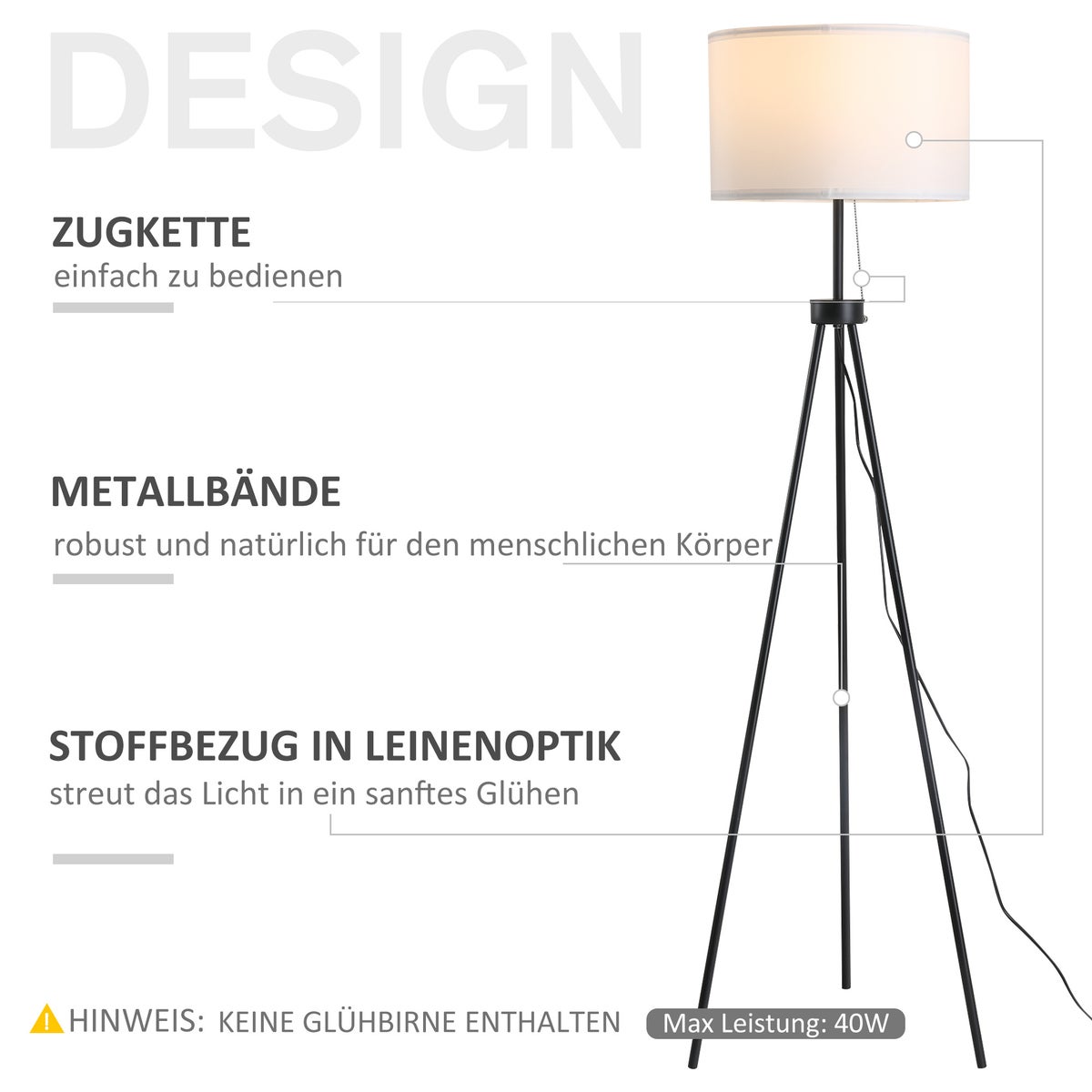 HOMCOM staande lamp, 37x37x152cm, metaal, zwart