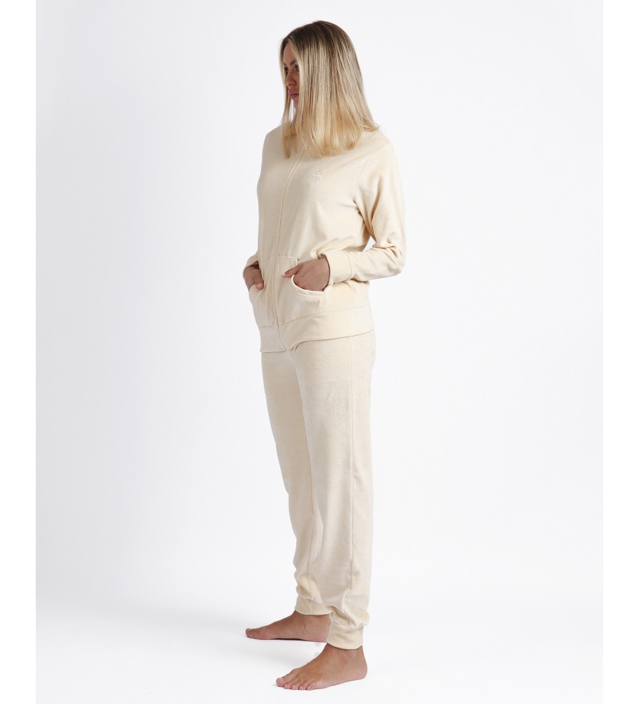 Pijama aberto Admas de manga comprida, veludo duplo macio, para uso doméstico, bege.
