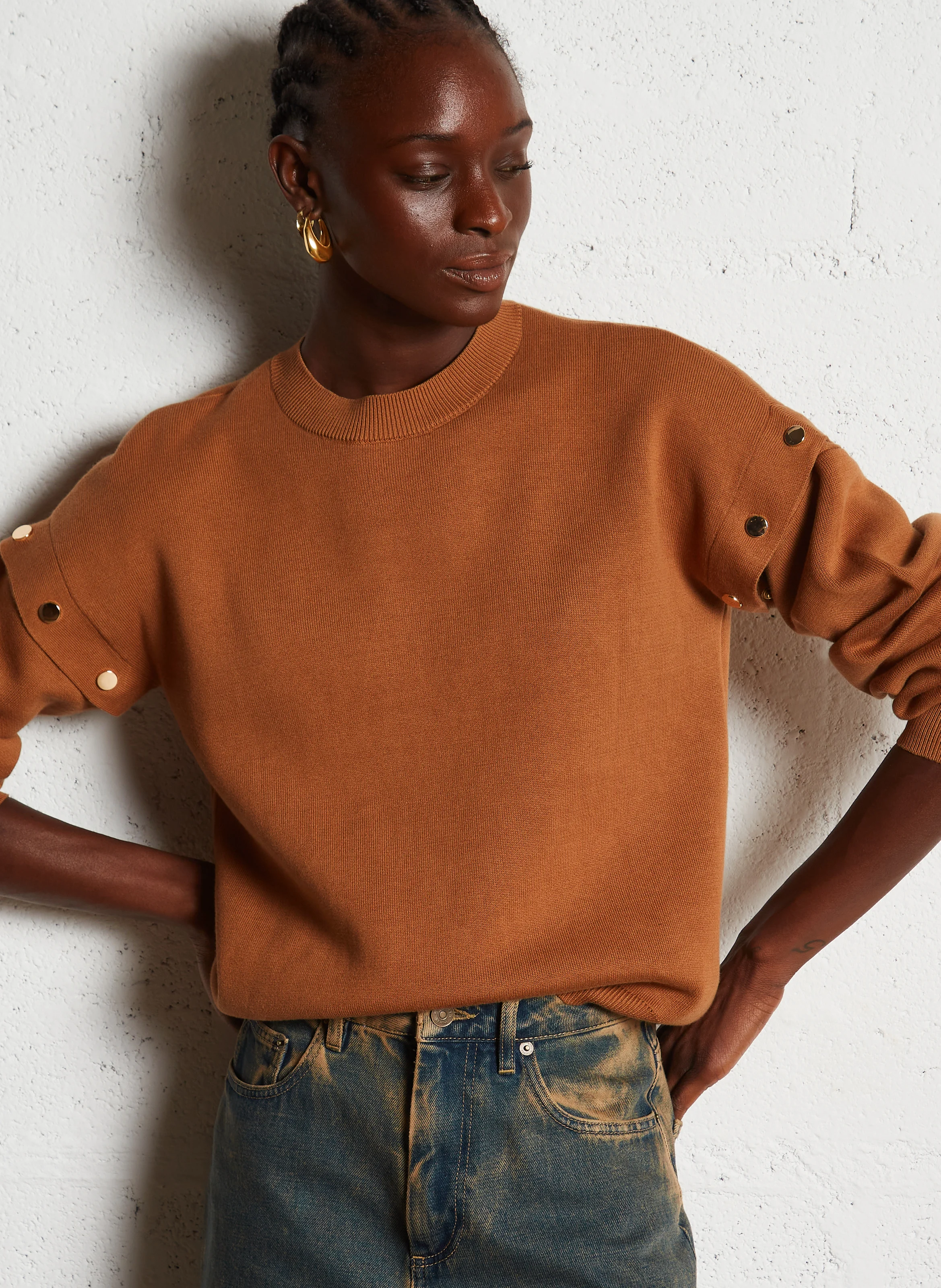 FELICITE - Pull oversize col rond en coton bio | Marron