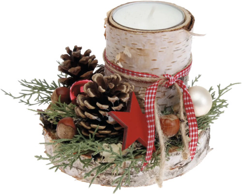 Adventsstuk, tafelstuk, Ø 15 cm, H 12 cm, berkenhout, theelichtje, rood
