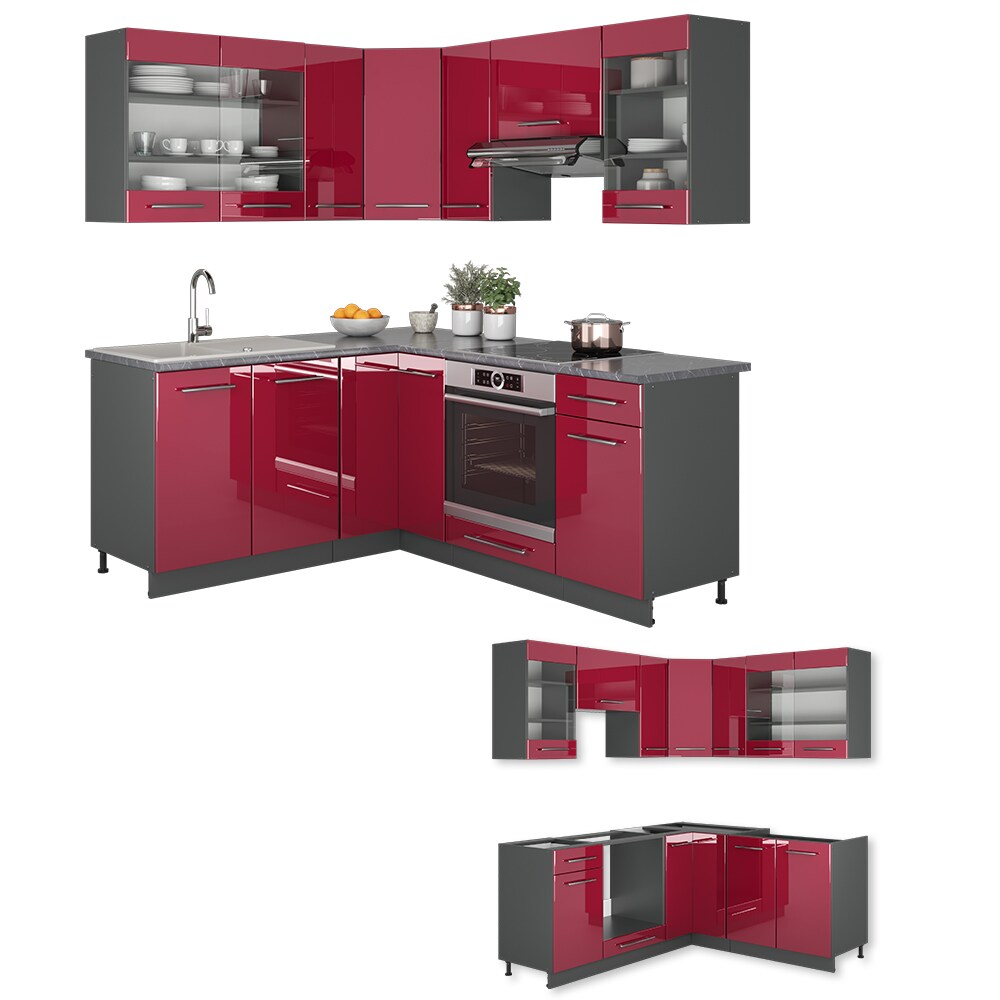 Vicco Eckküche Fame-LINE Küchenzeile Küche 190cm Bordeaux Hochglanz