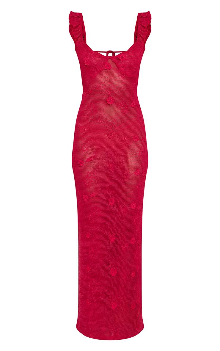 Fuchsia Robe Longue À Bretelles À Volants Texturée