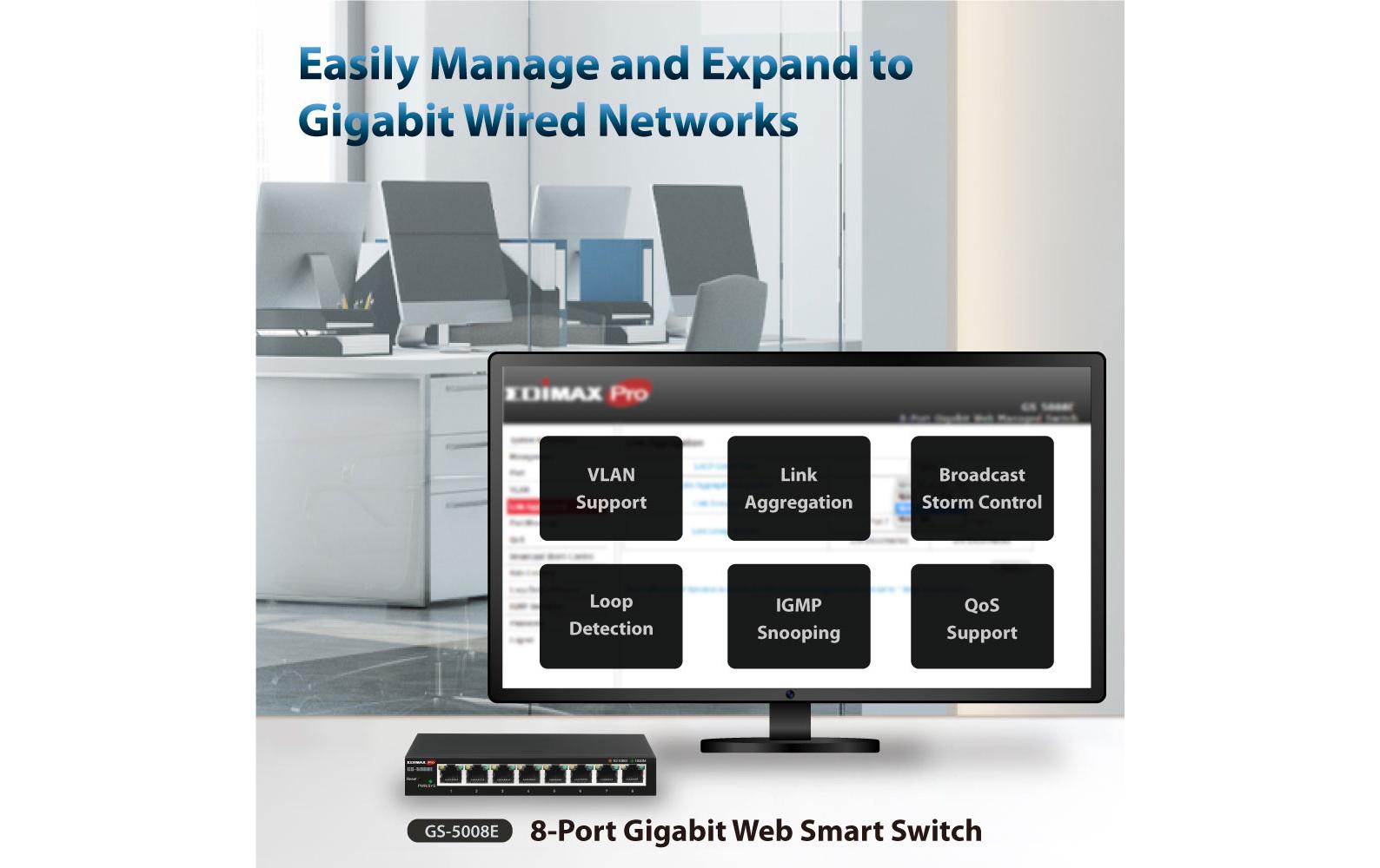 Switch GS-5008E 8 PortEdimax GS-5008E: 8 Port Switch, 1Gbps, Metalgehäuse, Smart Managed